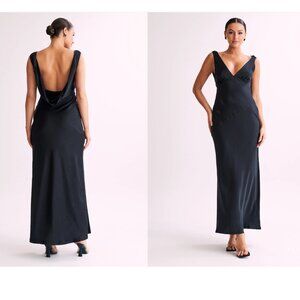 NADIA Maxi Satin Dress With Back Cowl - Black